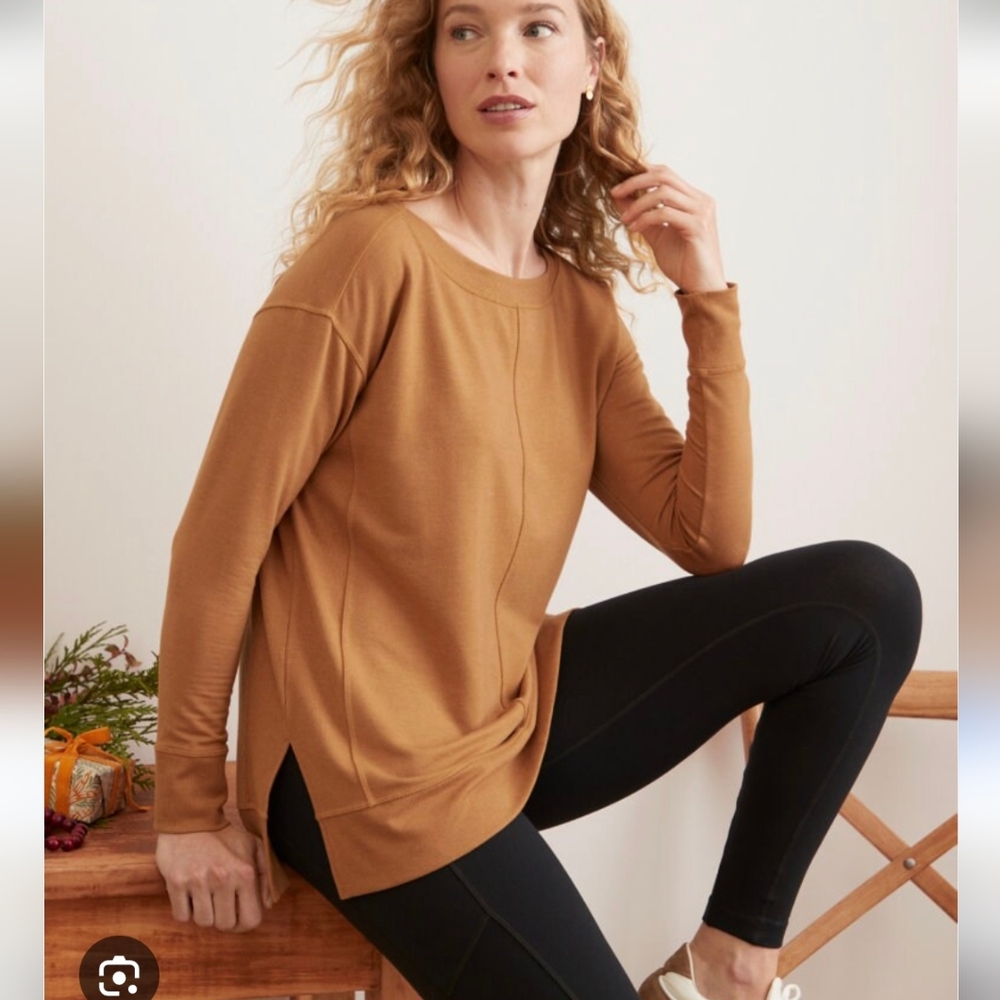 Garnet Hill Camel Long-Sleeve Ribbed Detail Tunic